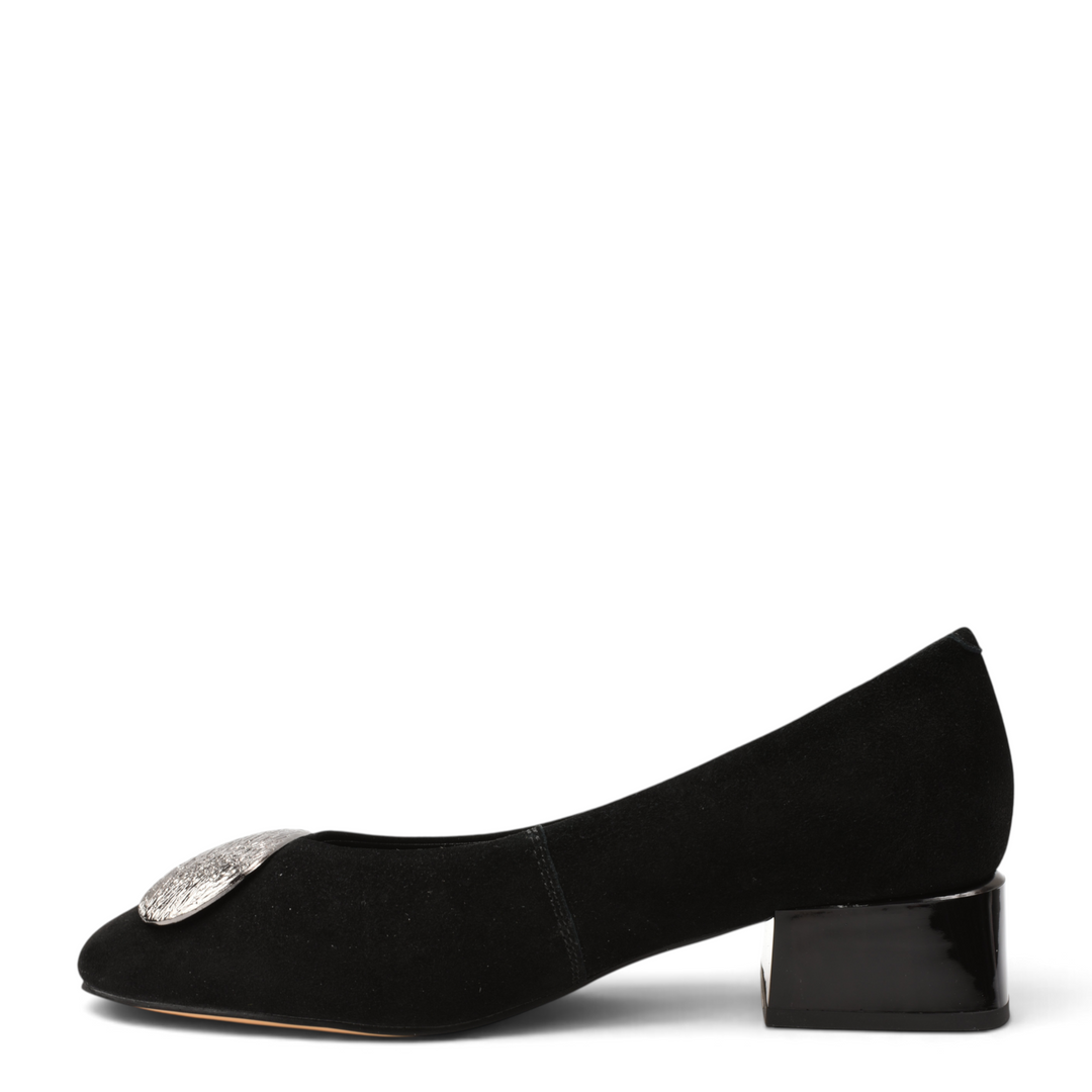 ada-shoes.ro Epica black suede elegant pumps with a silver decorative buckle and a low block heel