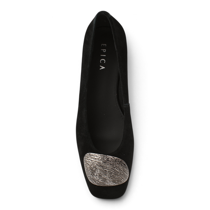 ada-shoes.ro Epica black suede elegant flats with a textured silver metallic toe accent