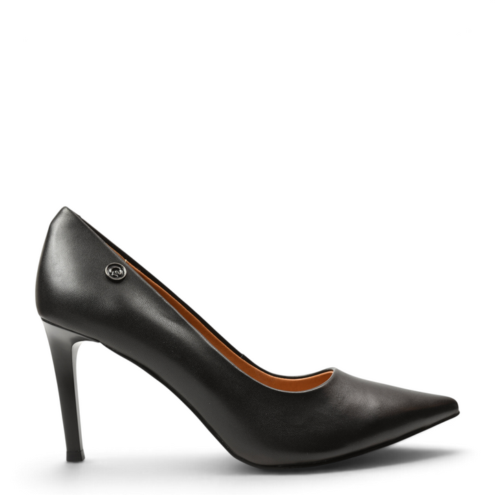 ada-shoes.ro Epica black leather stiletto pumps with a pointed toe and metallic logo detail on the heel
