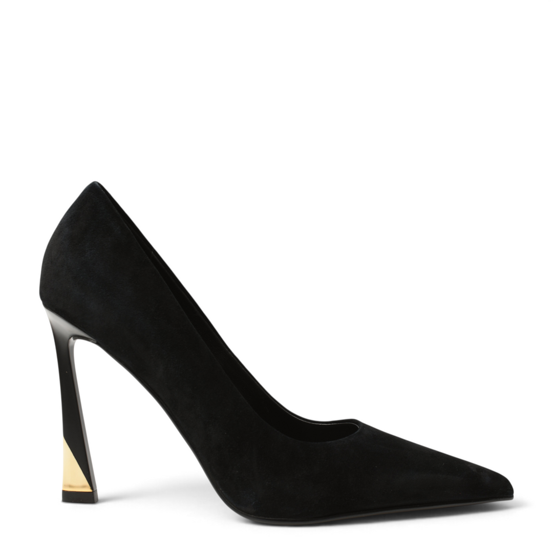 ada-shoes.ro Epica black suede stiletto pumps with a pointed toe and a unique gold-accented architectural heel