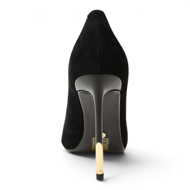 ada-shoes.ro Epica black suede stiletto heels with a sleek black heel and metallic gold tip detail