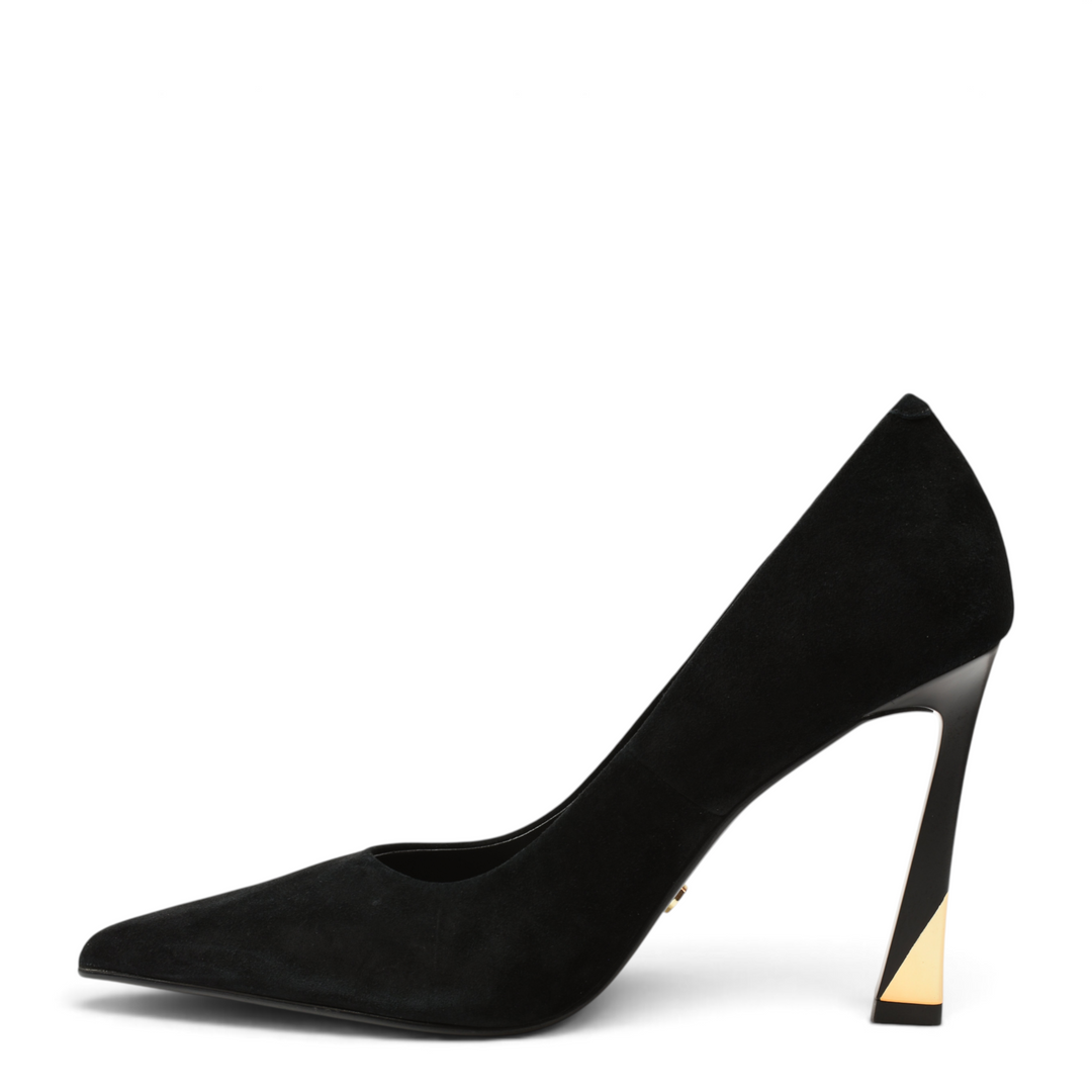 ada-shoes.ro Epica black suede pointed-toe stiletto heels with a unique sculptural gold-accented heel