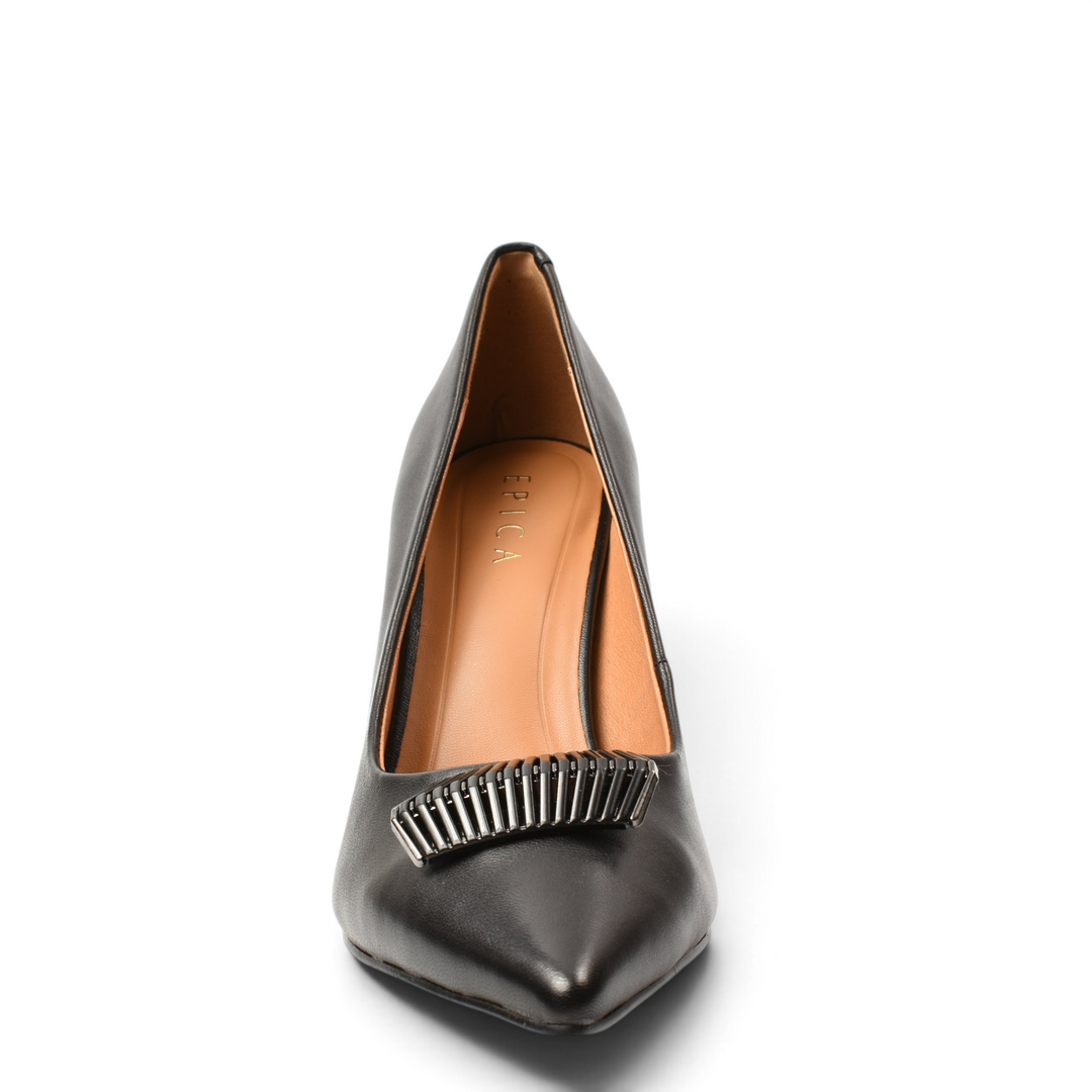 ada-shoes.ro Epica black leather stiletto pumps with a metallic decorative accent on the pointed toe