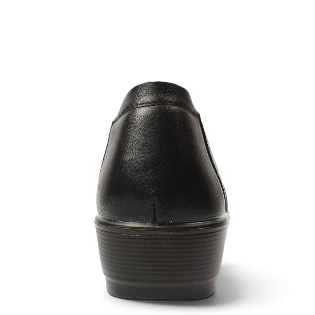 Rear view of black leather casual shoes from ada-shoes.ro with a comfortable low wedge sole