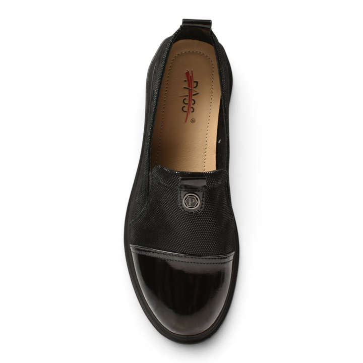 ada-shoes.ro Pass Collection black casual slip-on shoes with patent leather toe cap and textured fabric upper