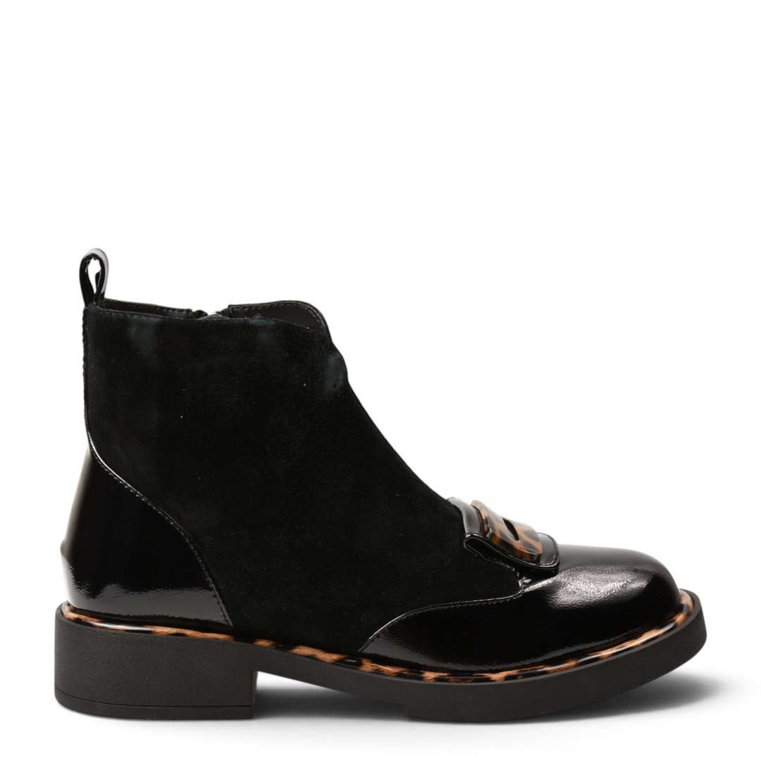 ada-shoes.ro Epica black ankle boots with animal print accents, decorative buckles, and side zipper closure.