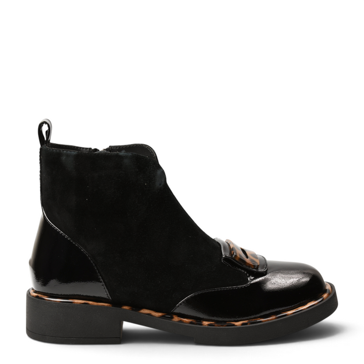 ada-shoes.ro Epica black ankle boots with animal print accents, decorative buckles, and side zipper closure.