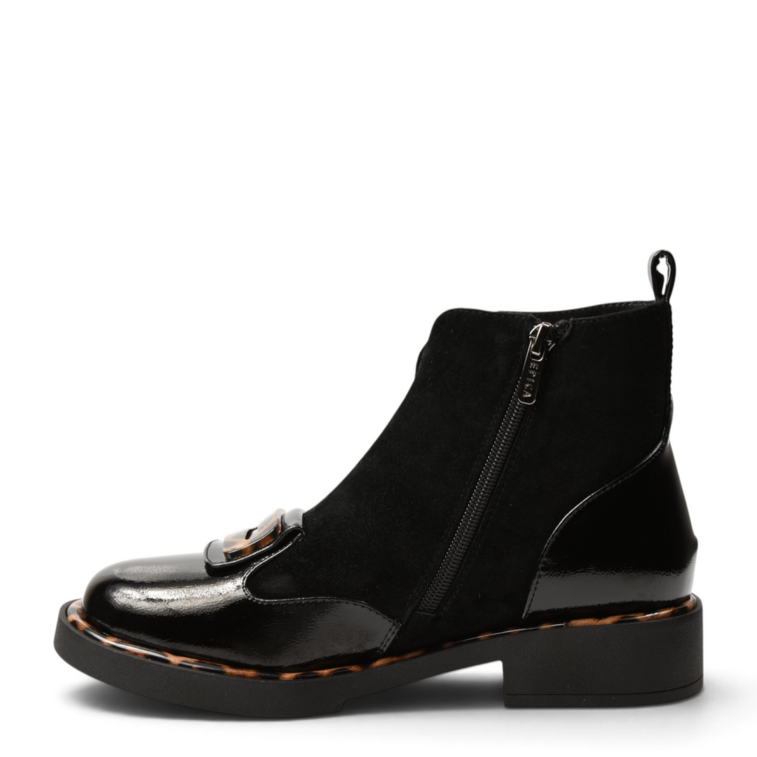 ada-shoes.ro Epica black ankle boots with side zipper, decorative buckles, and animal print sole details.