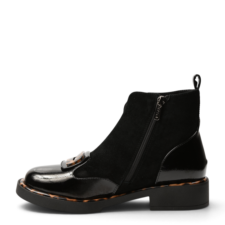 ada-shoes.ro Epica black ankle boots with side zipper, decorative buckles, and animal print sole details.