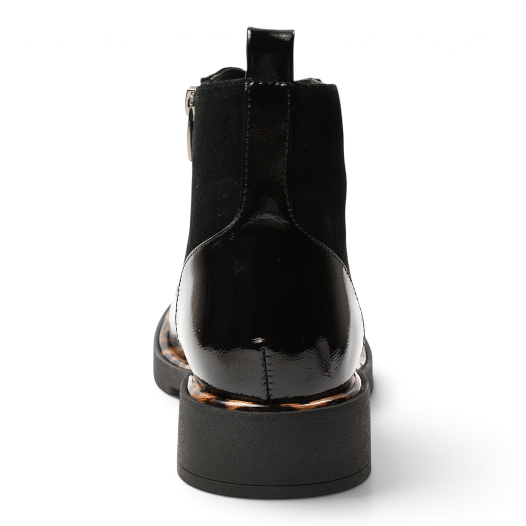 ada-shoes.ro Epica black ankle boots with patent leather, suede texture, and animal print sole detail, rear view