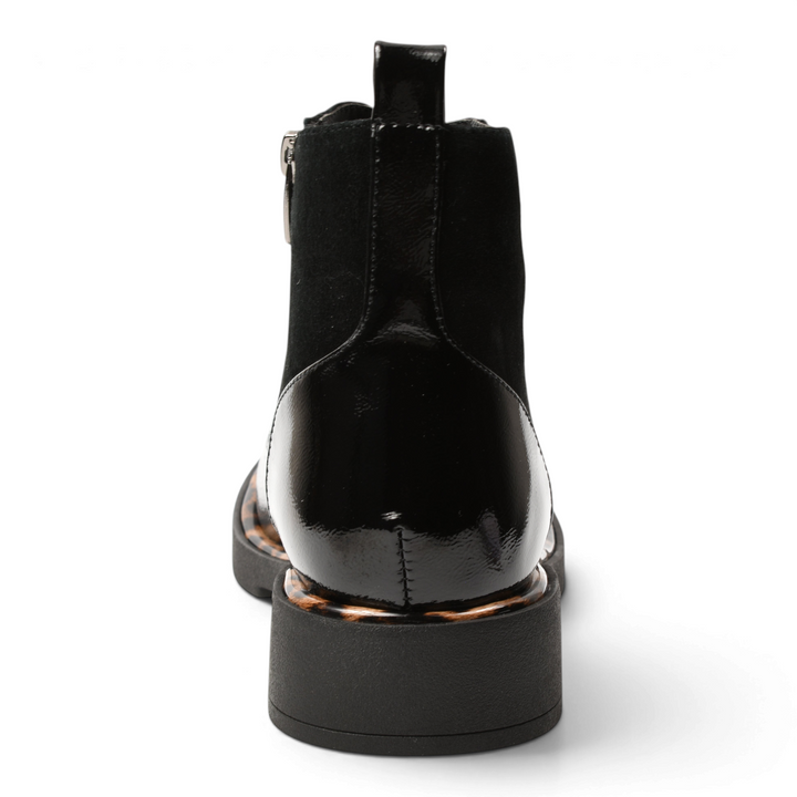 ada-shoes.ro Epica black ankle boots with patent leather, suede texture, and animal print sole detail, rear view