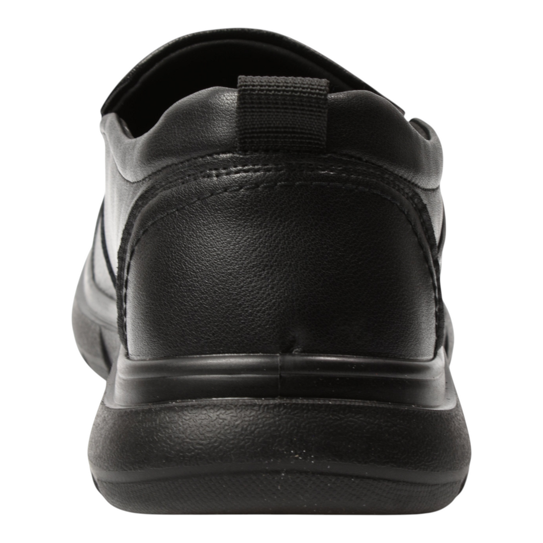 ada-shoes.ro Otter black leather casual slip-on shoes featuring a flexible sole and rear pull tab, back view.