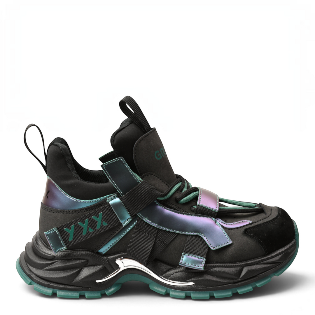 ada-shoes.ro Gryxx sneakers in black with iridescent green accents, featuring a chunky sole and lace-up design.