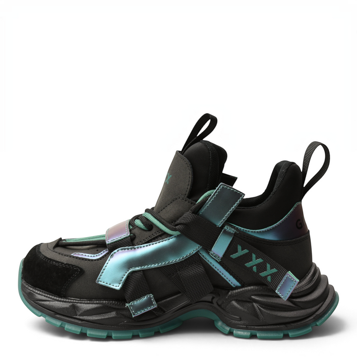 ada-shoes.ro Gryxx sneakers in black with metallic green accents, featuring a chunky sole and lace-up design.