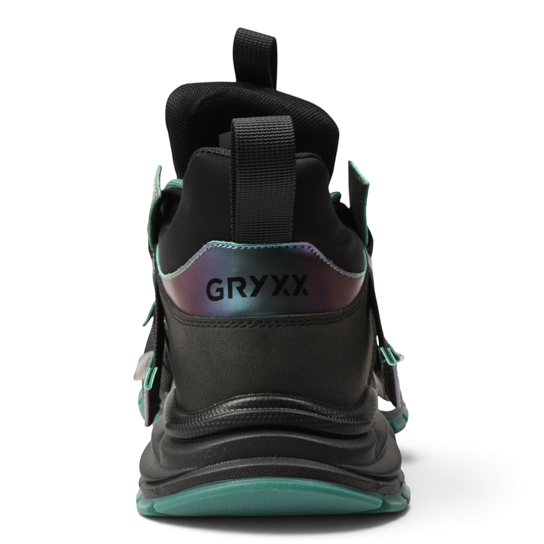 ada-shoes.ro GRYXX sneakers featuring a black leather upper, iridescent heel detail, and a thick green sole.