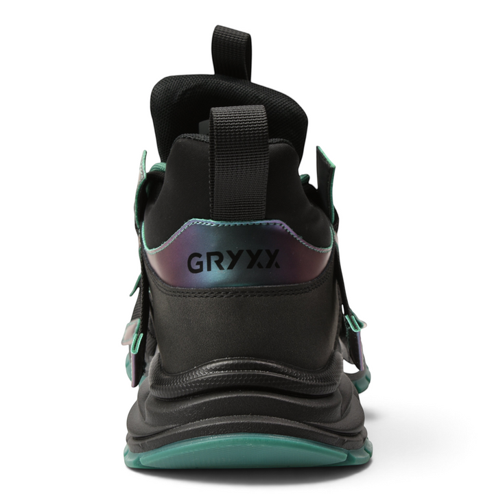 ada-shoes.ro GRYXX sneakers featuring a black leather upper, iridescent heel detail, and a thick green sole.