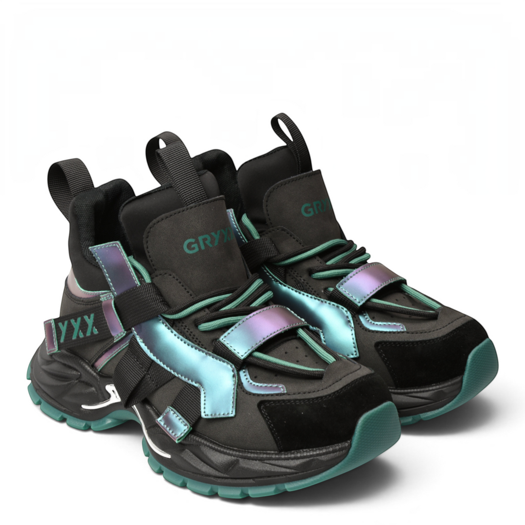 ada-shoes.ro Gryxx Sneakers 620117-V featuring black leather, metallic green accents, and a chunky platform sole.