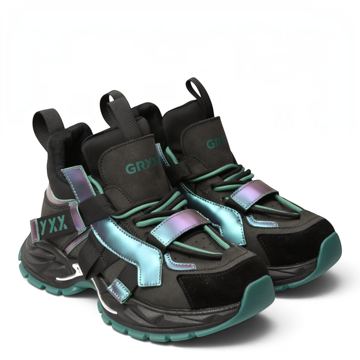 ada-shoes.ro Gryxx Sneakers 620117-V featuring black leather, metallic green accents, and a chunky platform sole.