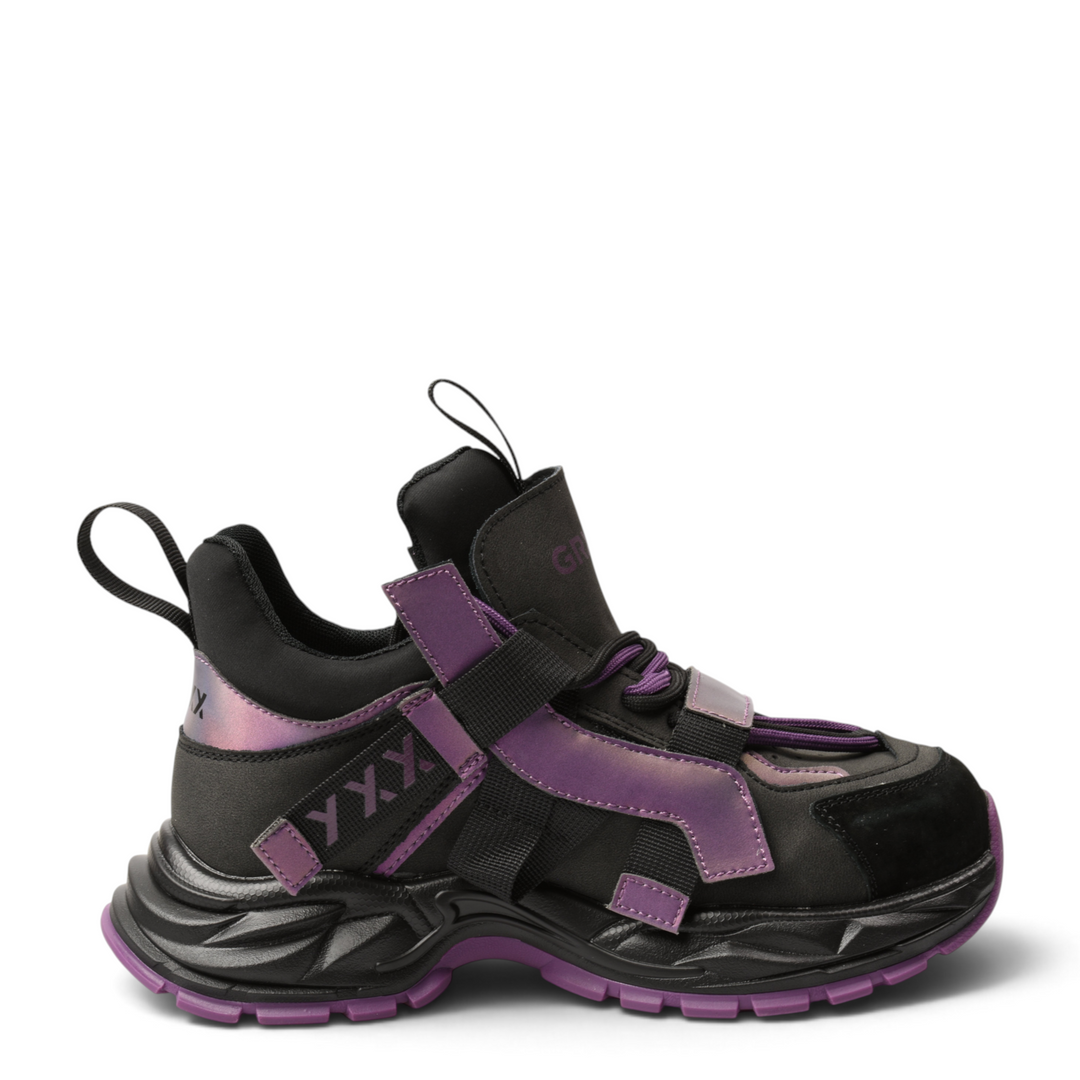 ada-shoes.ro Gryxx sneakers in black and purple leather with a thick platform sole and modern urban design