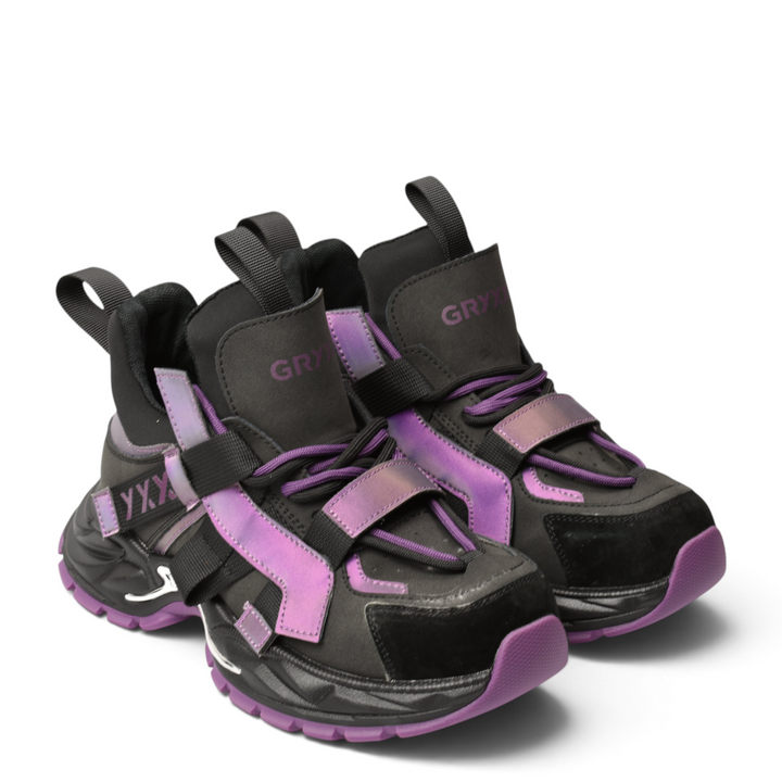 ada-shoes.ro Gryxx sneakers in black and purple leather with a chunky 4cm sole and secure strap and lace closure.