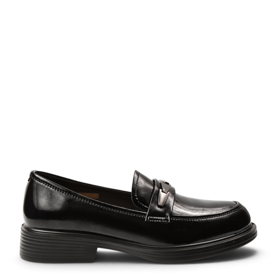 ada-shoes.ro black patent leather loafers for women with a metallic buckle detail and a comfortable 3.5 cm sole