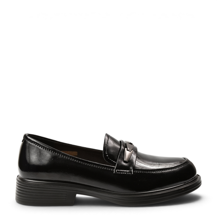 ada-shoes.ro black patent leather loafers for women with a metallic buckle detail and a comfortable 3.5 cm sole