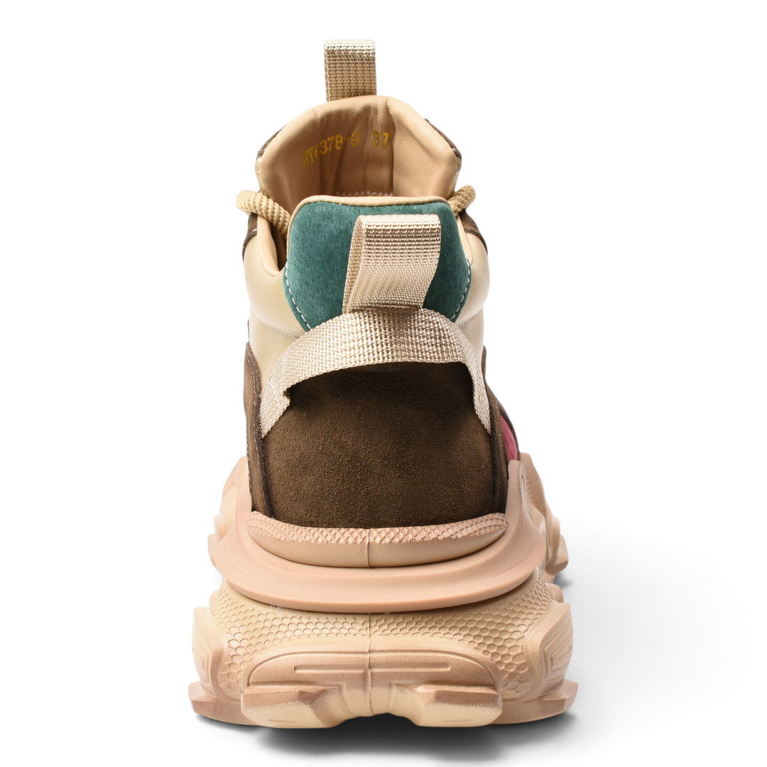 ada-shoes.ro sport sneakers featuring a chunky beige sole, brown suede heel, and green accent on a white background