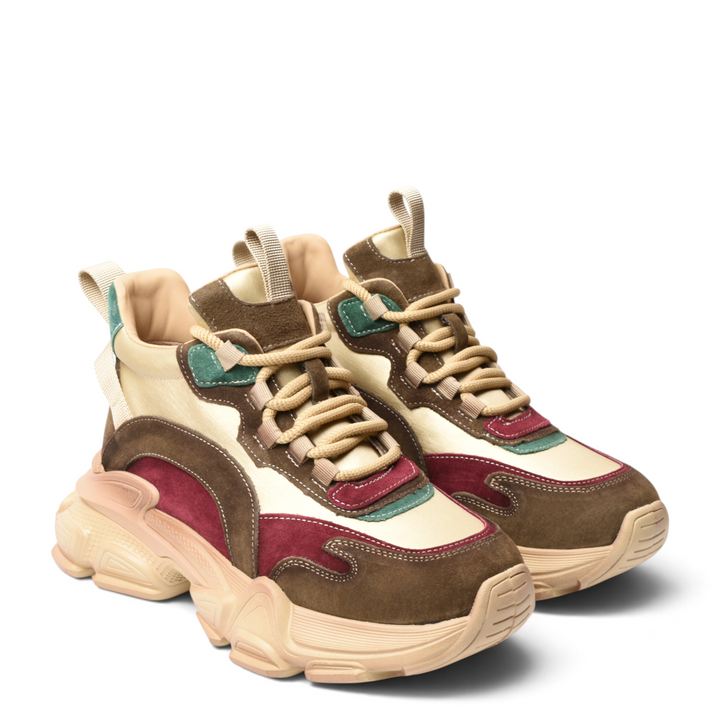 ada-shoes.ro suede chunky sneakers in brown, cream, and burgundy with lace-up closure and thick platform sole