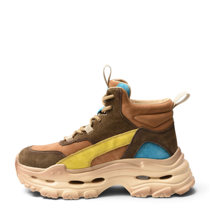 ada-shoes.ro HY2998 suede high-top sneakers in brown, yellow, and blue with a chunky platform sole and lace closure.