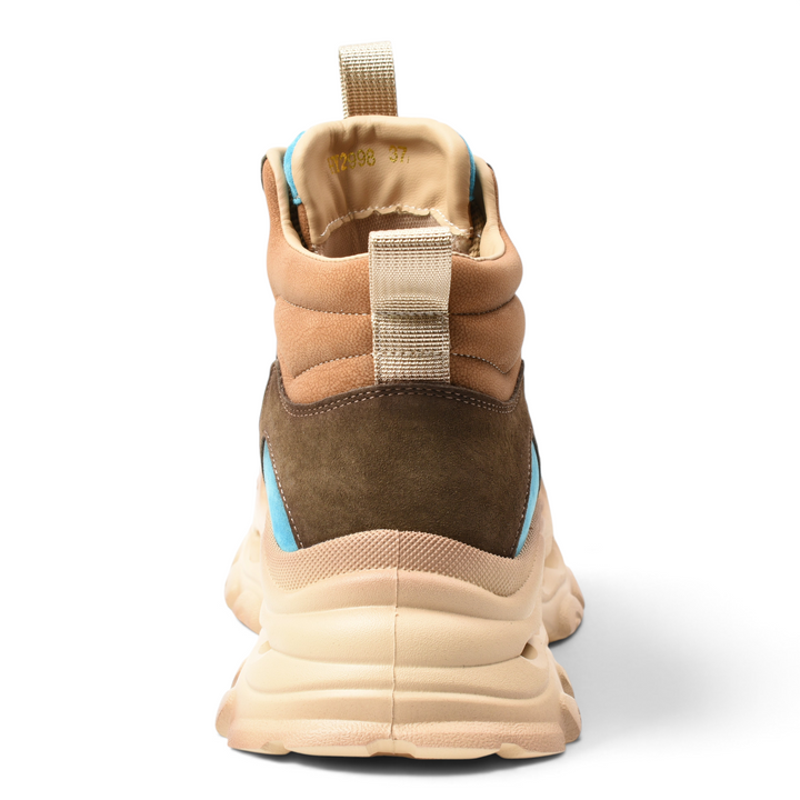 ada-shoes.ro sport boots in tan and brown suede with a chunky beige sole and blue accents, rear view