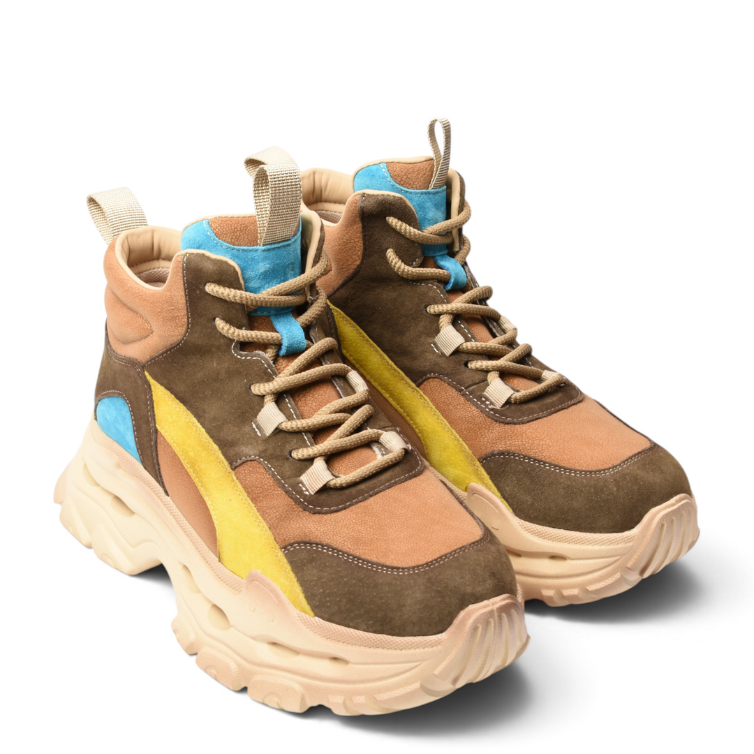 ada-shoes.ro yellow, brown, and blue suede sport boots with thick platform soles and lace-up closure