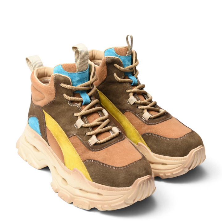 ada-shoes.ro yellow, brown, and blue suede sport boots with thick platform soles and lace-up closure