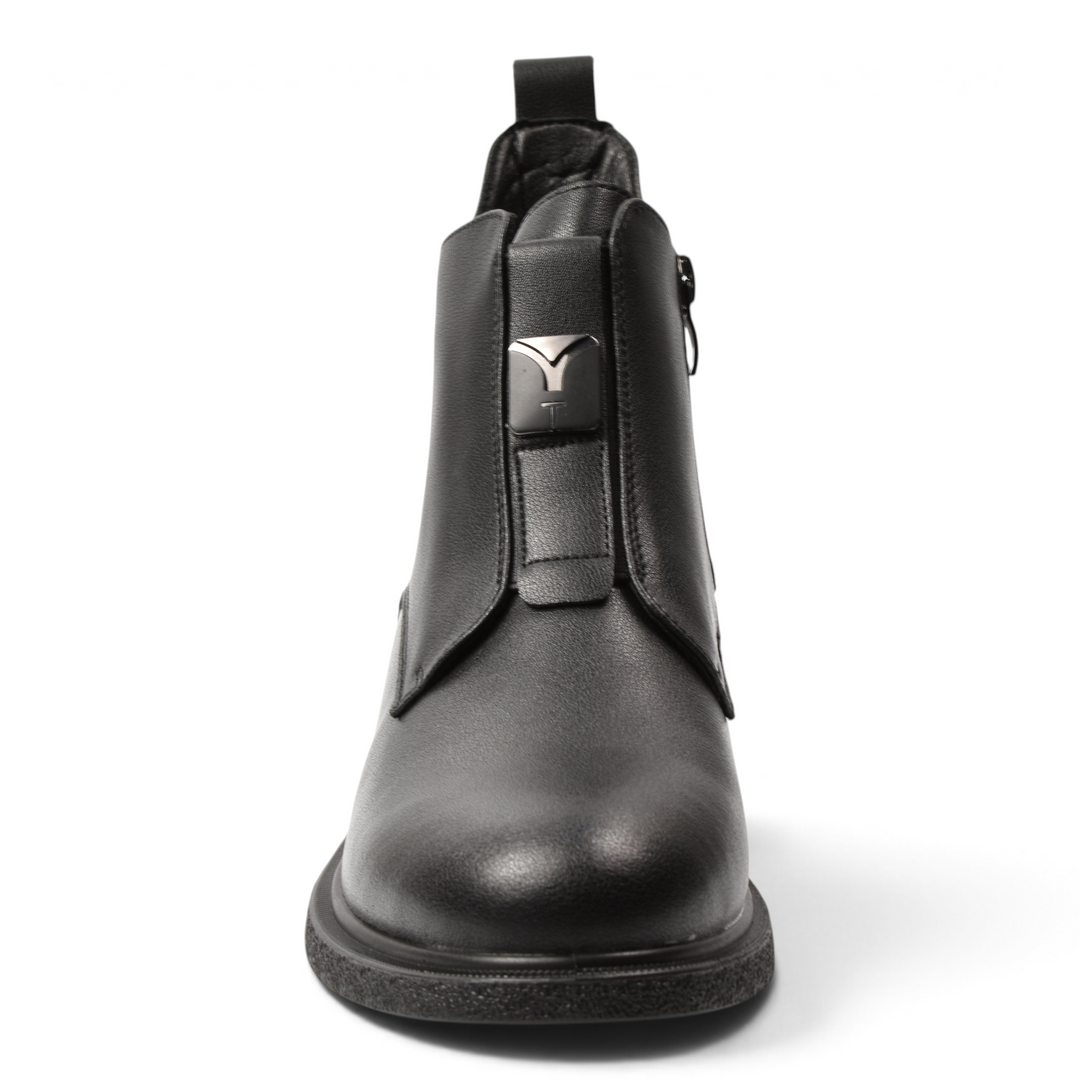 ada-shoes.ro black leather ankle boots with a rounded toe, side zipper, and metallic logo detail on the front