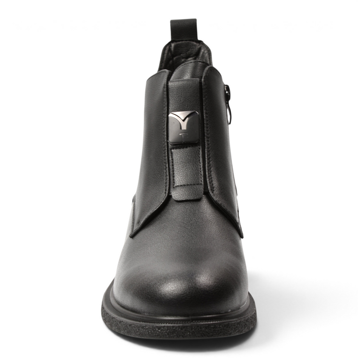 ada-shoes.ro black leather ankle boots with a rounded toe, side zipper, and metallic logo detail on the front