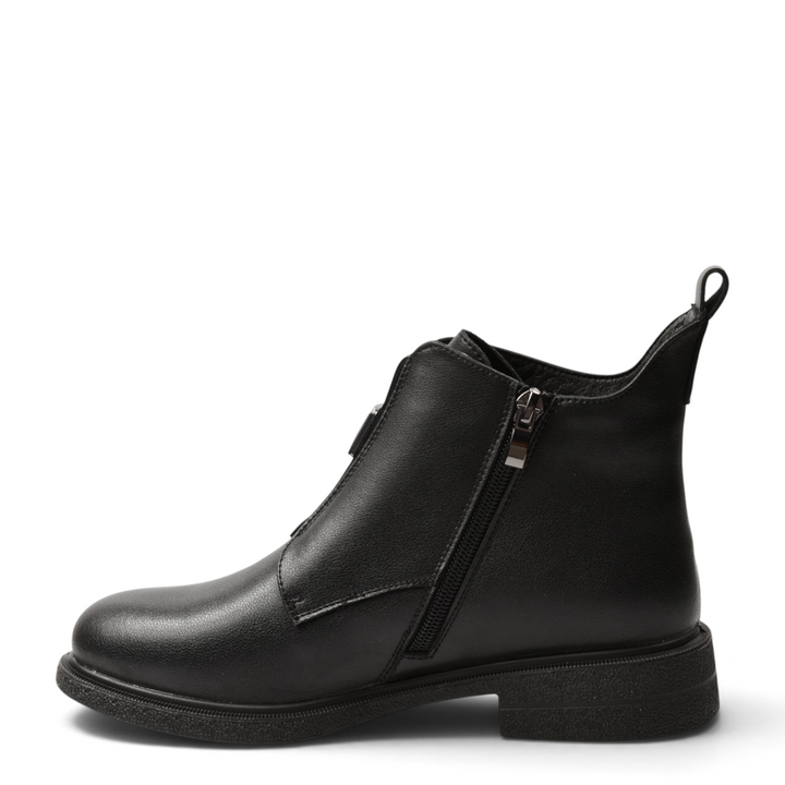 ada-shoes.ro black leather ankle boots with a side zipper, low stable heel, and pull tab in a casual elegant style
