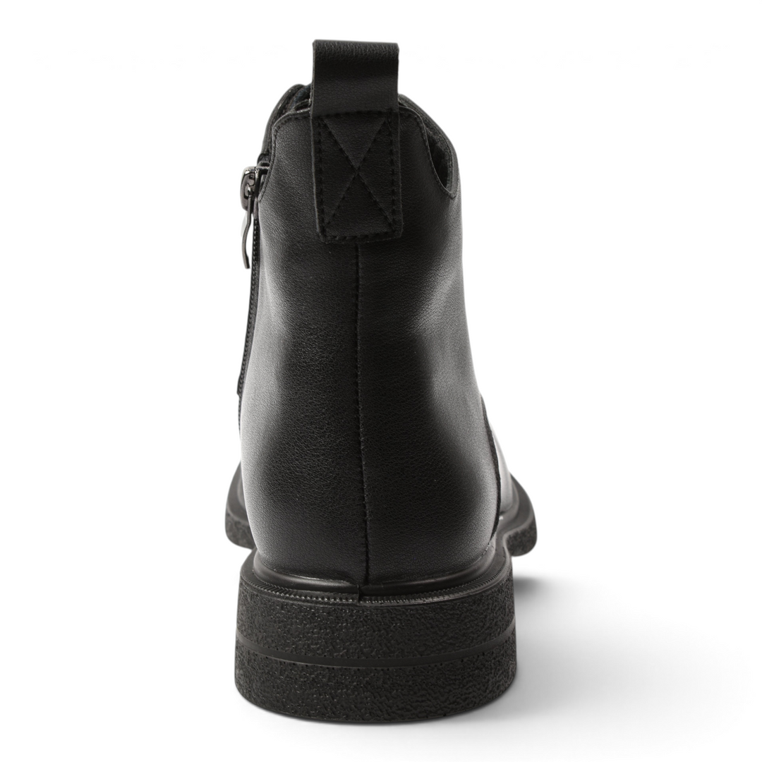 Back view of ada-shoes.ro black leather ankle boots with a low stable heel, side zipper, and pull tab.