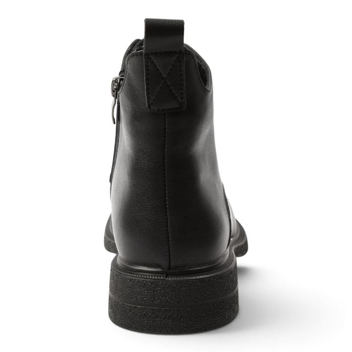 Back view of ada-shoes.ro black leather ankle boots with a low stable heel, side zipper, and pull tab.