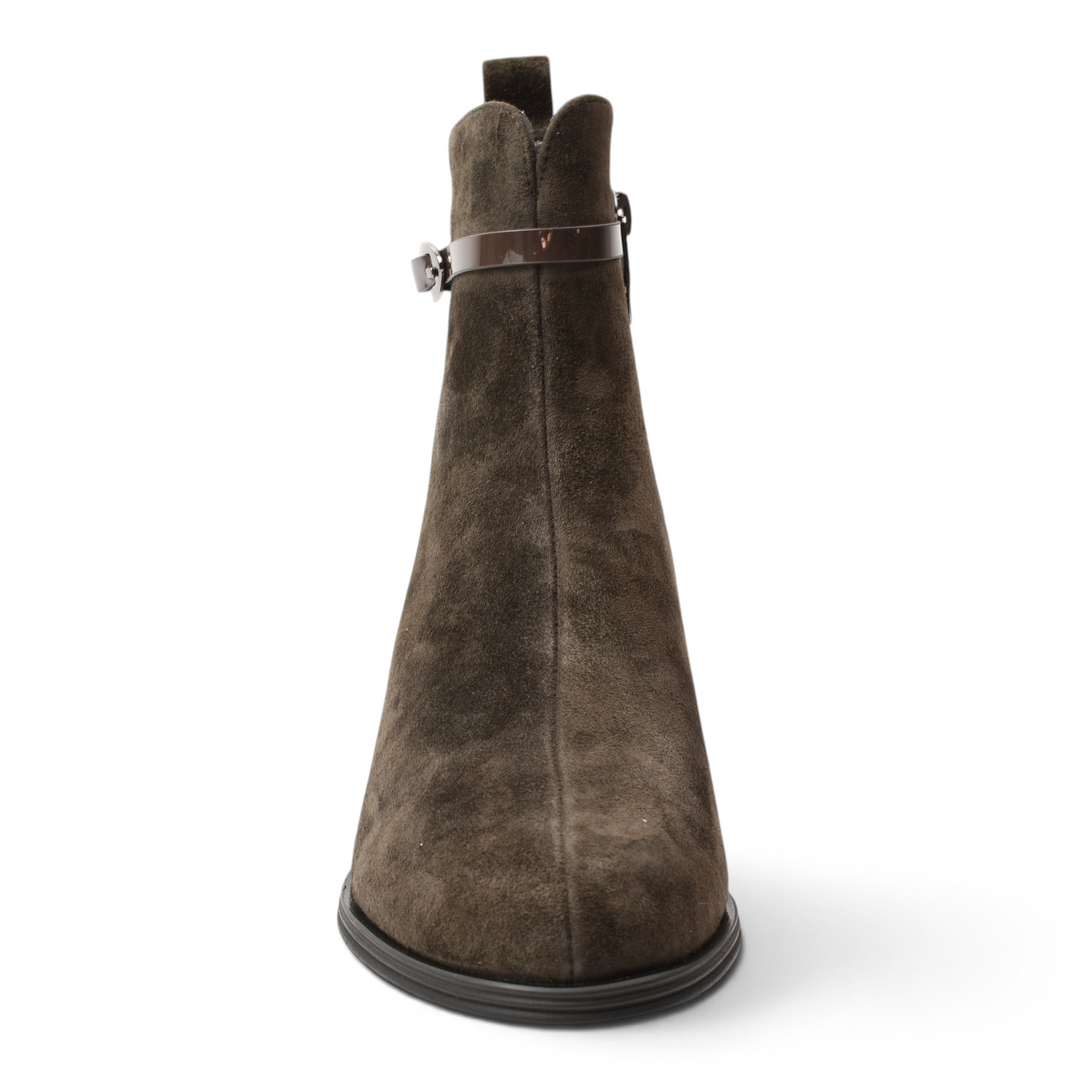 ada-shoes.ro brown suede ankle boots with a rounded toe, low stable heel, and side strap detail.