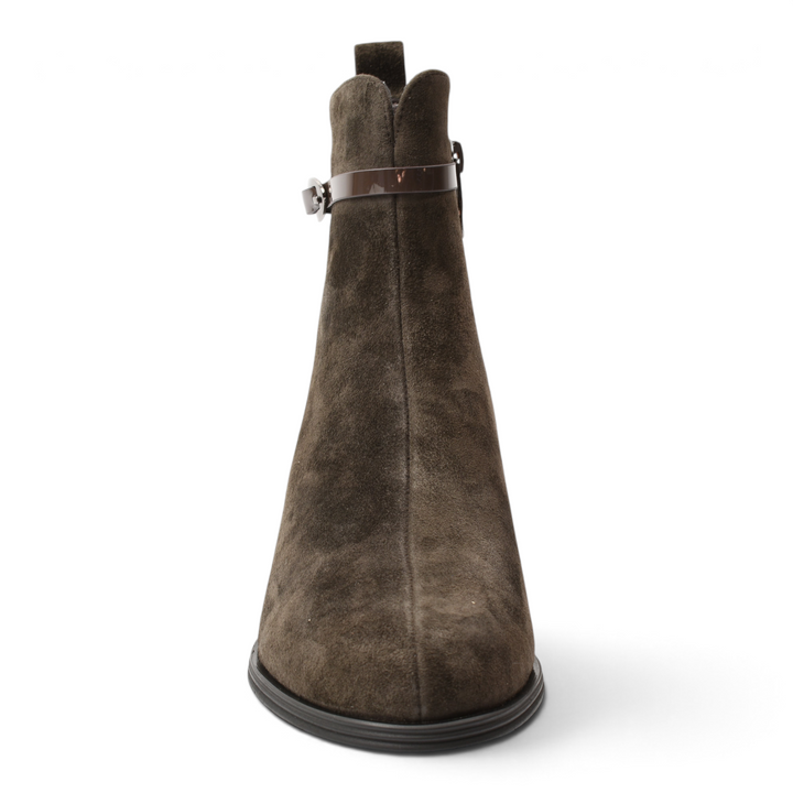 ada-shoes.ro brown suede ankle boots with a rounded toe, low stable heel, and side strap detail.