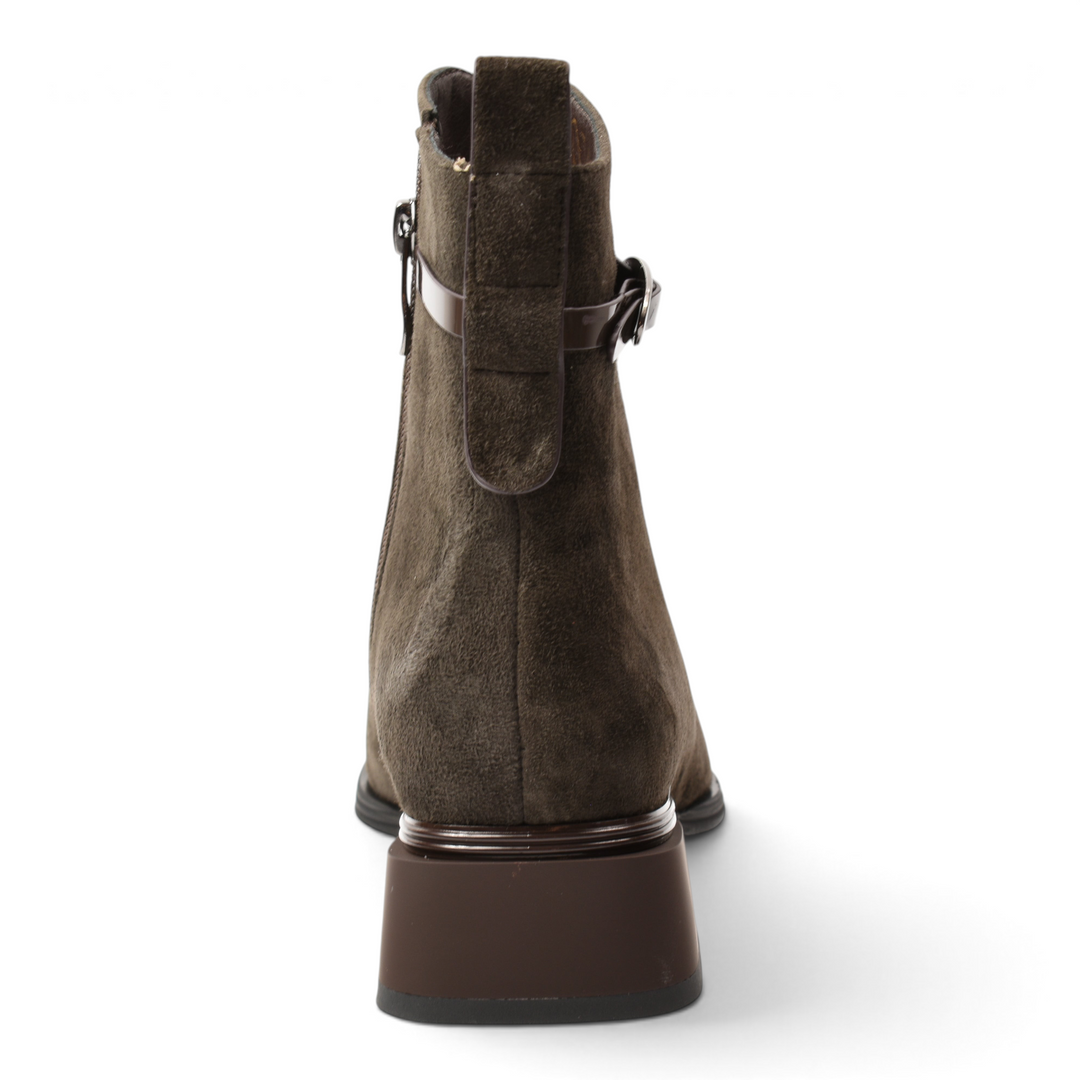 ada-shoes.ro Anna Viotti brown suede ankle boots with a stable block heel and rear pull tab, back view