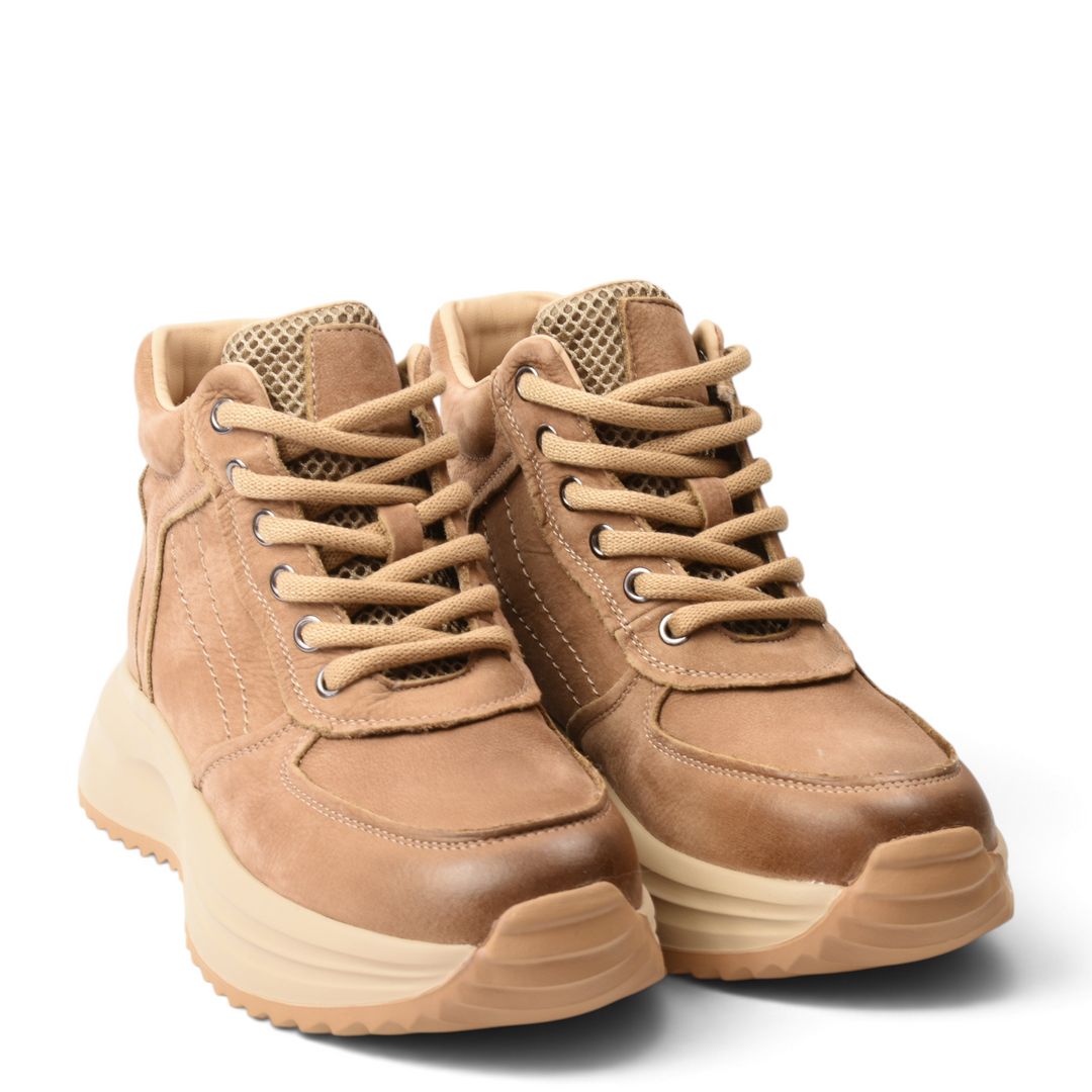 ada-shoes.ro tan leather high-top sneakers with thick platform soles and lace-up closure