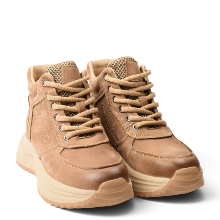 ada-shoes.ro tan leather high-top sneakers with thick platform soles and lace-up closure