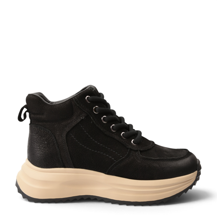 ada-shoes.ro black leather ankle boots with a thick beige platform sole and lace-up closure