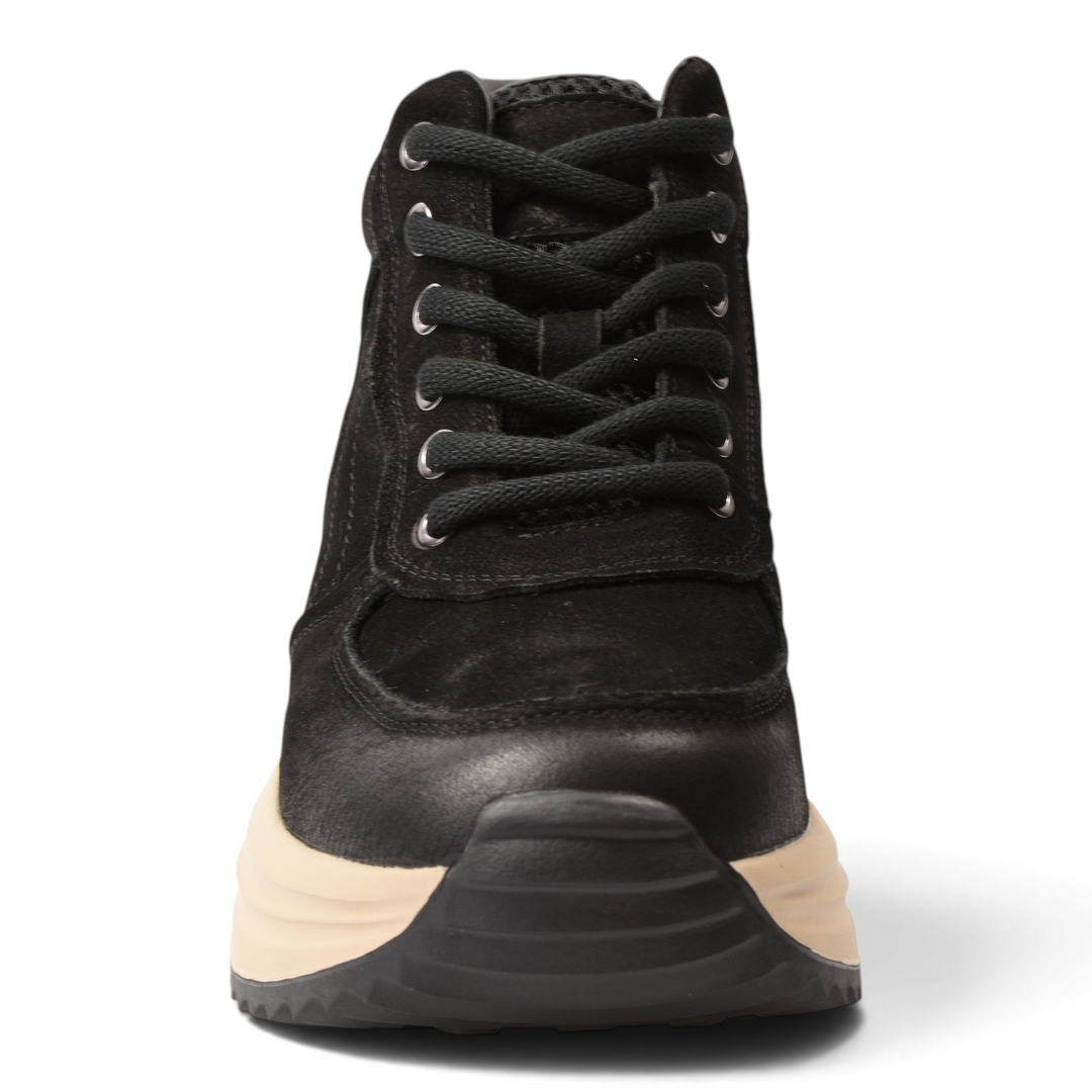 ada-shoes.ro black suede high-top sneakers with a thick beige platform sole and black laces, front view