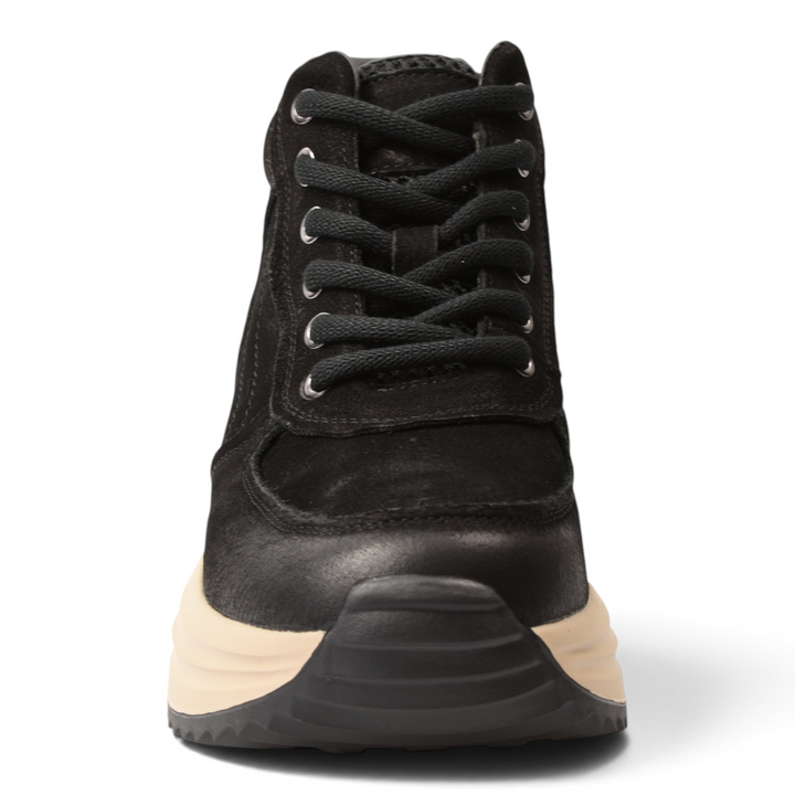 ada-shoes.ro black suede high-top sneakers with a thick beige platform sole and black laces, front view