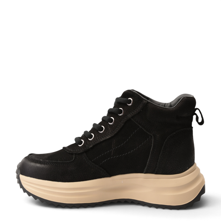 ada-shoes.ro black suede high-top sneakers with a thick beige platform sole and side lace-up closure