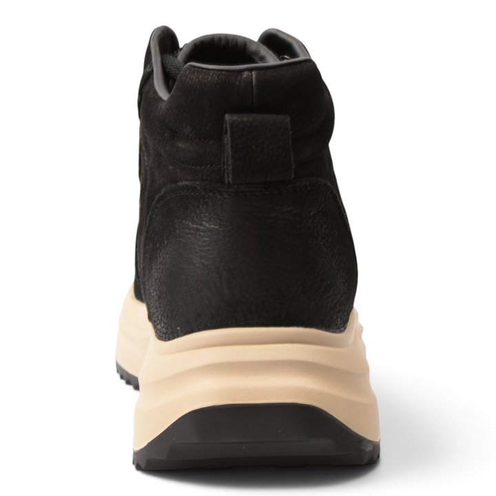 Back view of ada-shoes.ro black suede ankle boots with a thick beige platform sole