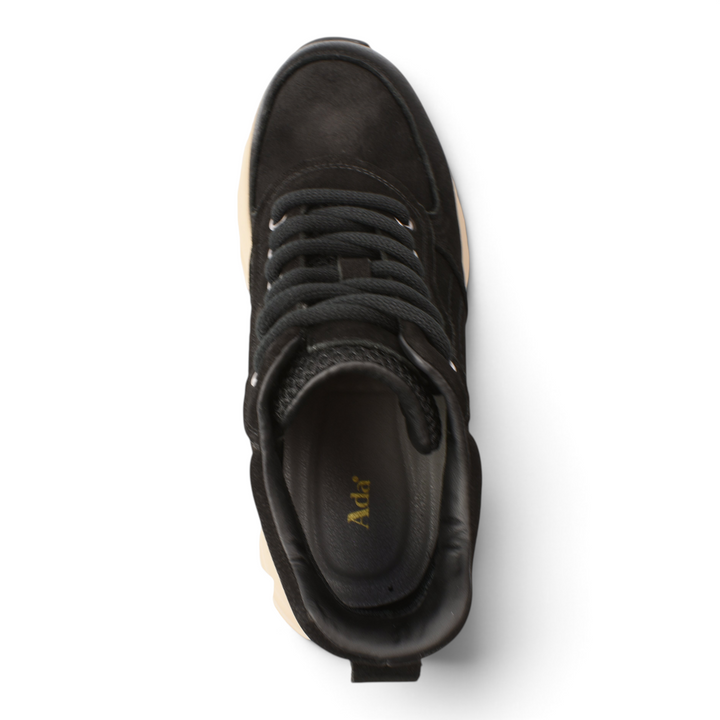 Top view of ada-shoes.ro Ghete HY2556-N black suede high-top sneakers with thick beige rubber soles and black laces.