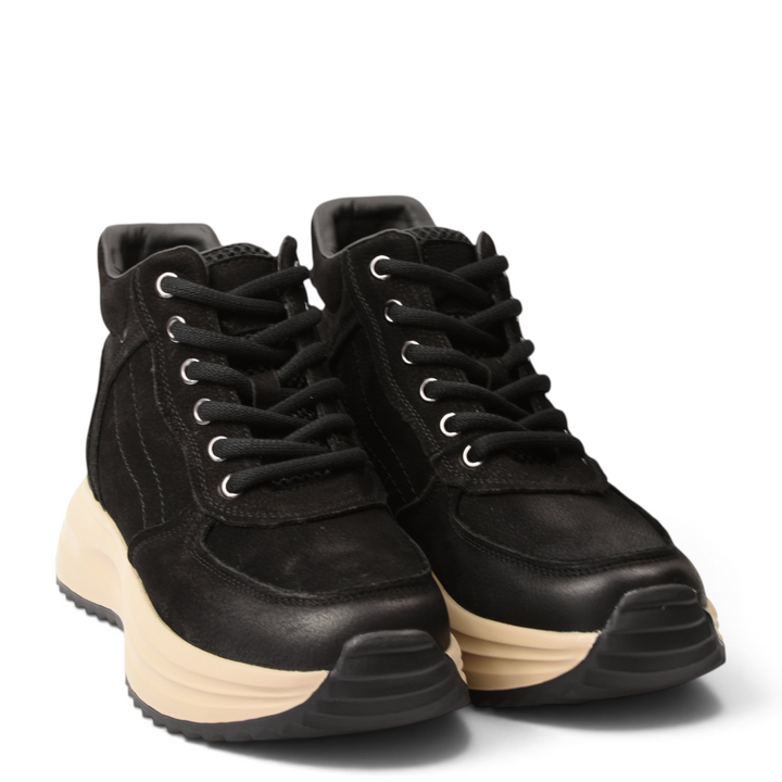 ada-shoes.ro black suede high-top sneakers with a thick beige platform sole and black lace-up closure