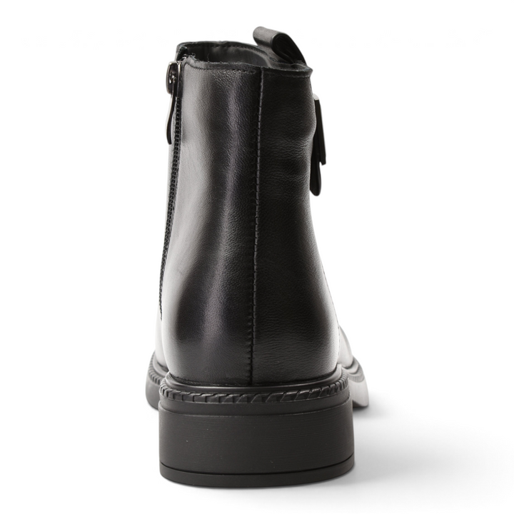 Back view of black leather ankle boots from ada-shoes.ro featuring a side zipper and a sturdy rubber sole